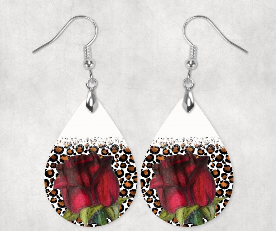 White Leopard Print & Rose Earrings