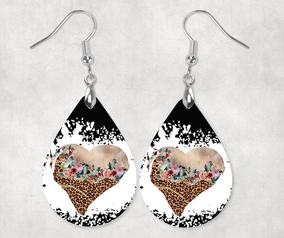 Black & White Leopard Heart Earrings