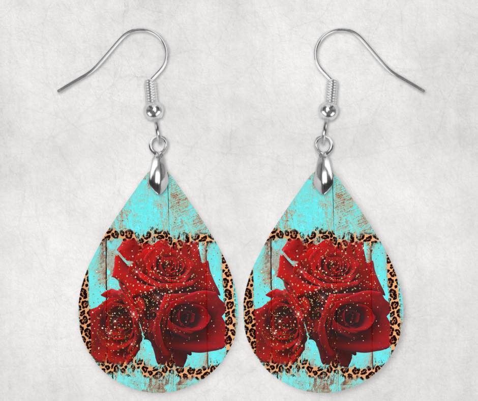Teal Rustic Wood & Rose Earrings