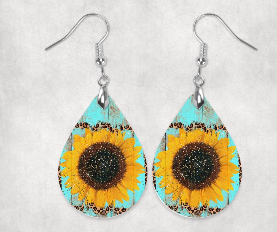 Teal Rustic Wood & Sunflower Earrings