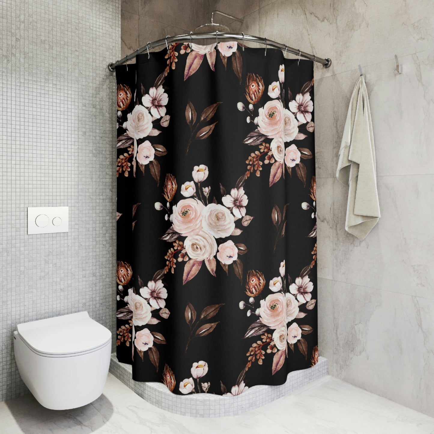 Black Flower Boho Shower Curtain