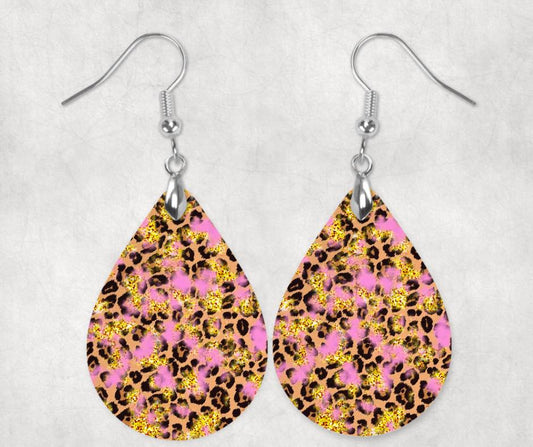 Gold Leopard Print With Pink Splatter Earrings