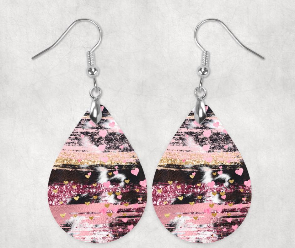 Pink & Gold Hearts with Cow Hyde Earrings