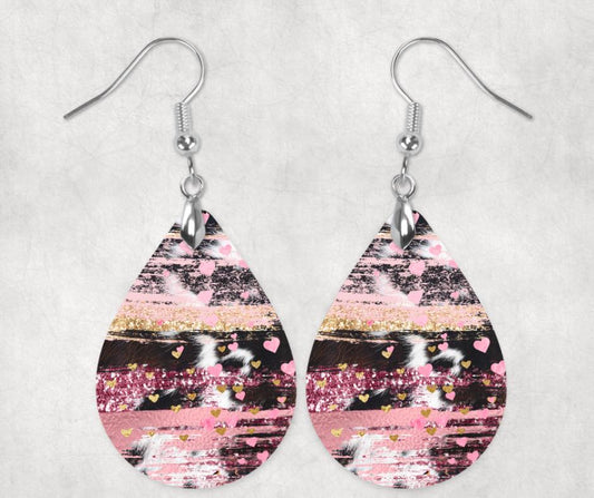 Pink & Gold Hearts with Cow Hyde Earrings