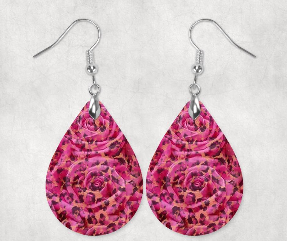 Pink Rose With Leopard Print Earrings