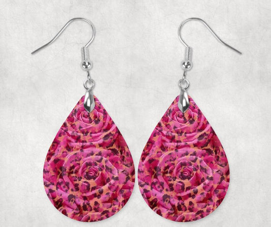 Pink Rose With Leopard Print Earrings