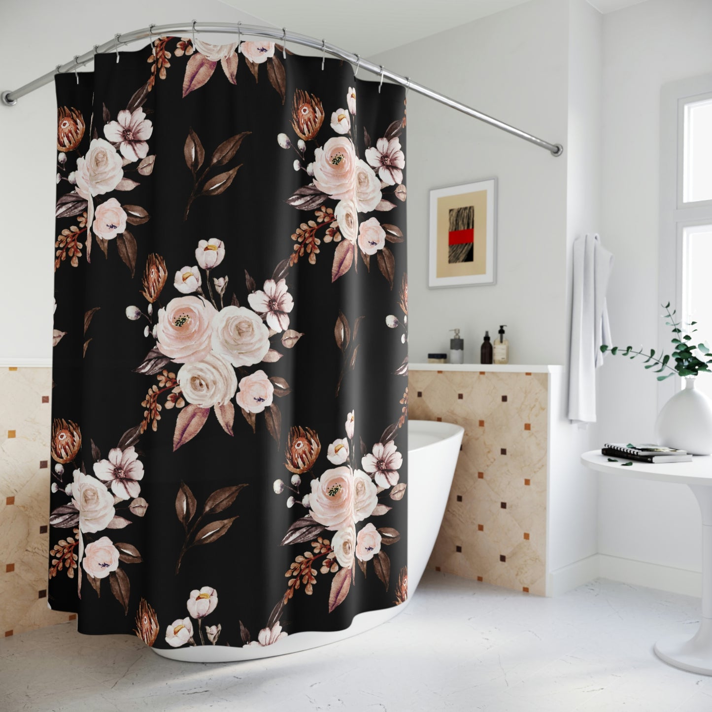 Black Flower Boho Shower Curtain