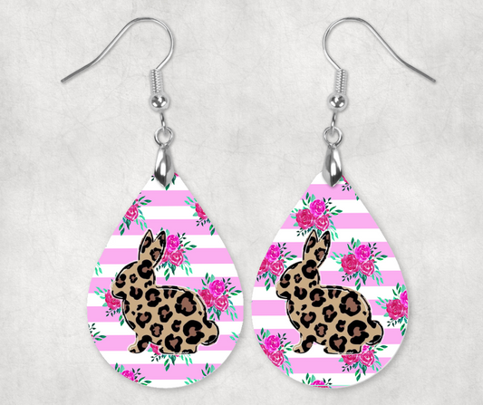 Pink Stripe With Leopard Bunny Earrings