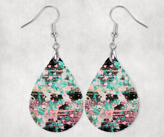 Teal And Pink Western Abstract Earrings