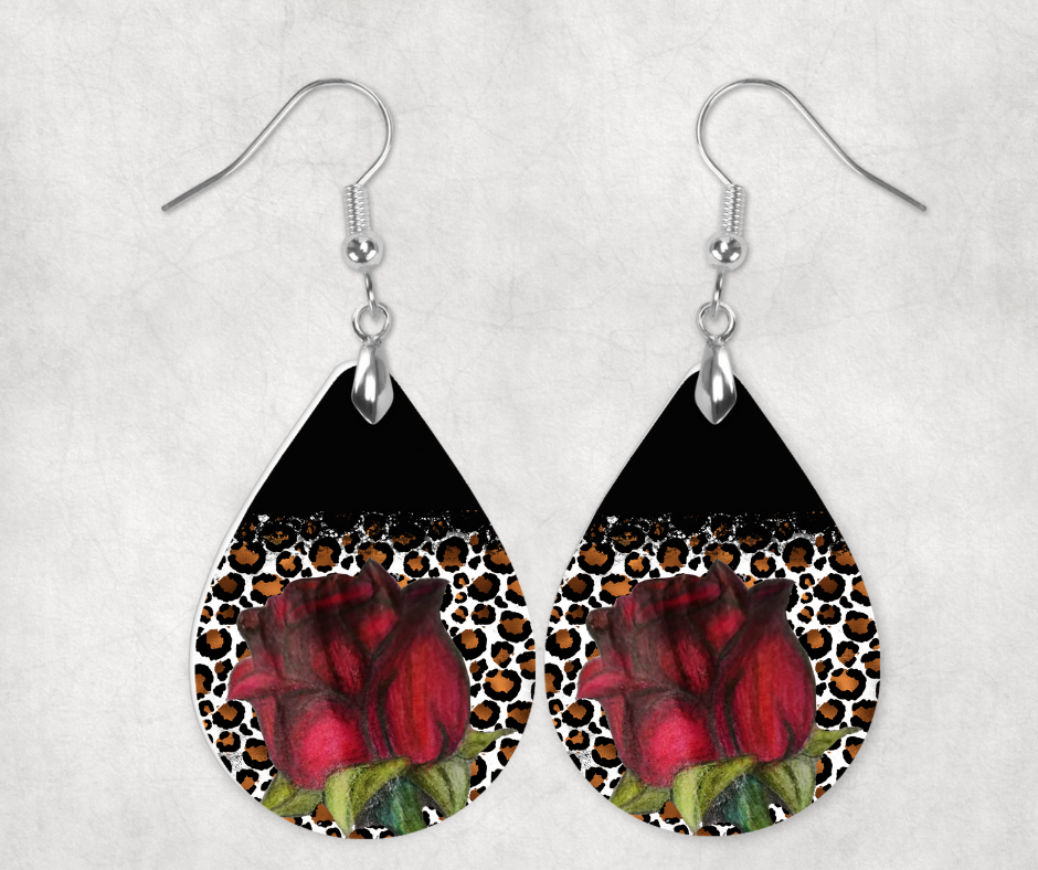 Red Rose With Leopard Print Earrings