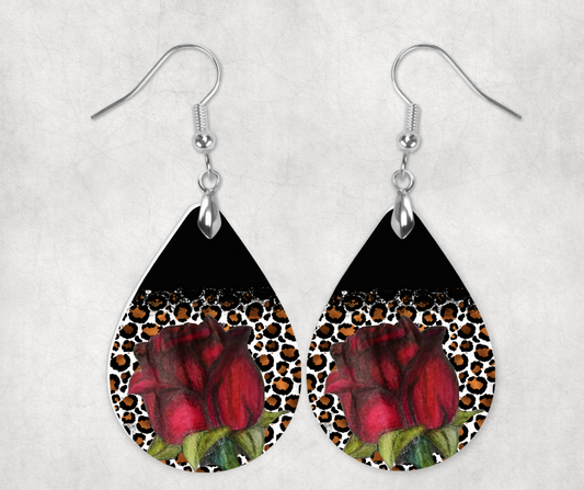 Red Rose With Leopard Print Earrings